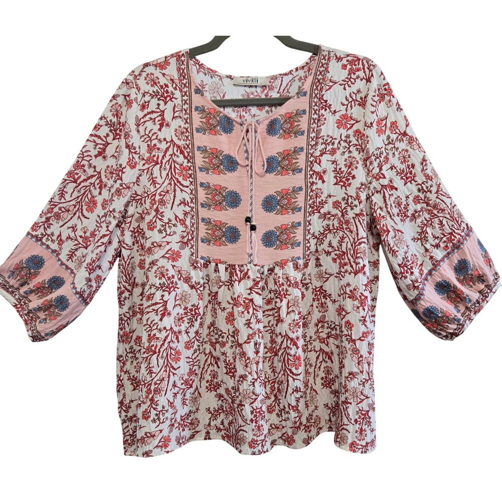 Vivilli Womens L Floral Boho Peasant Blouse Pink Red 3/4 Sleeve Tassel Top